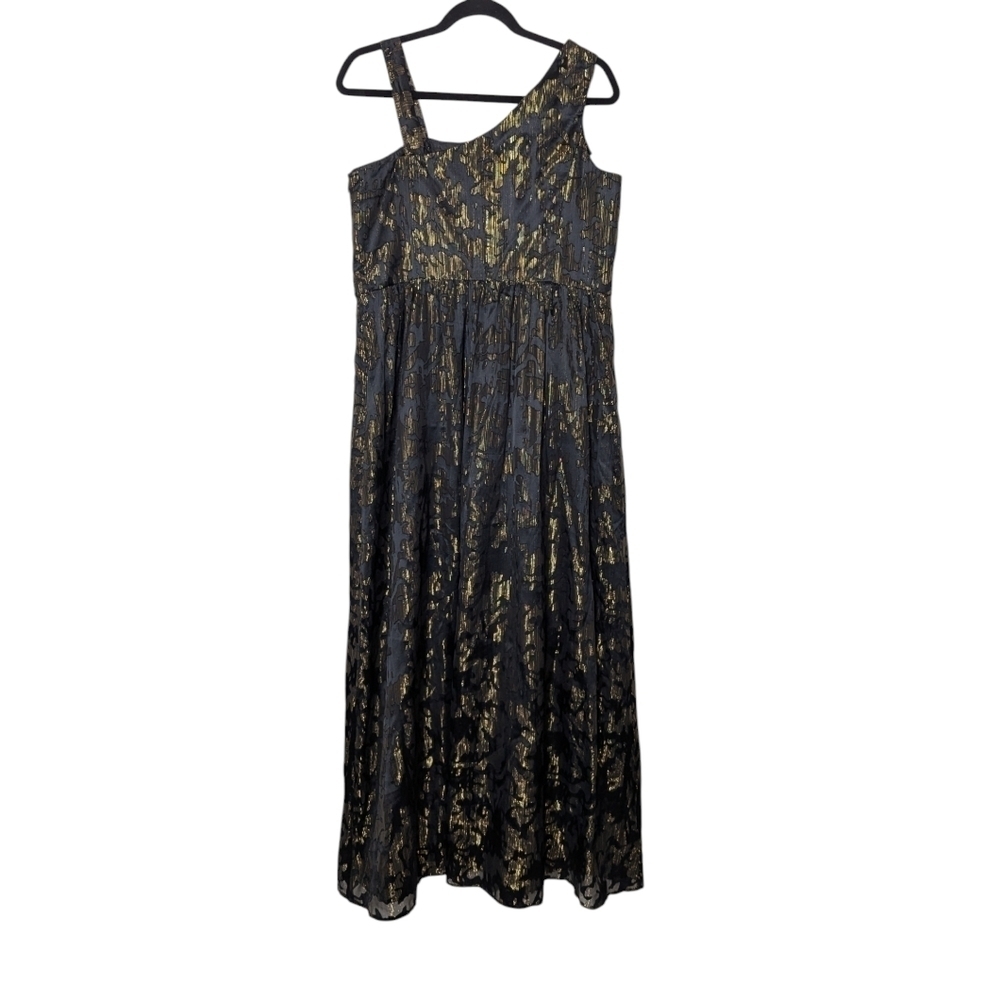 Oleg Cassini One Shoulder Empire Waist Maxi Gown Black Gold 14 - Picture 2 of 8